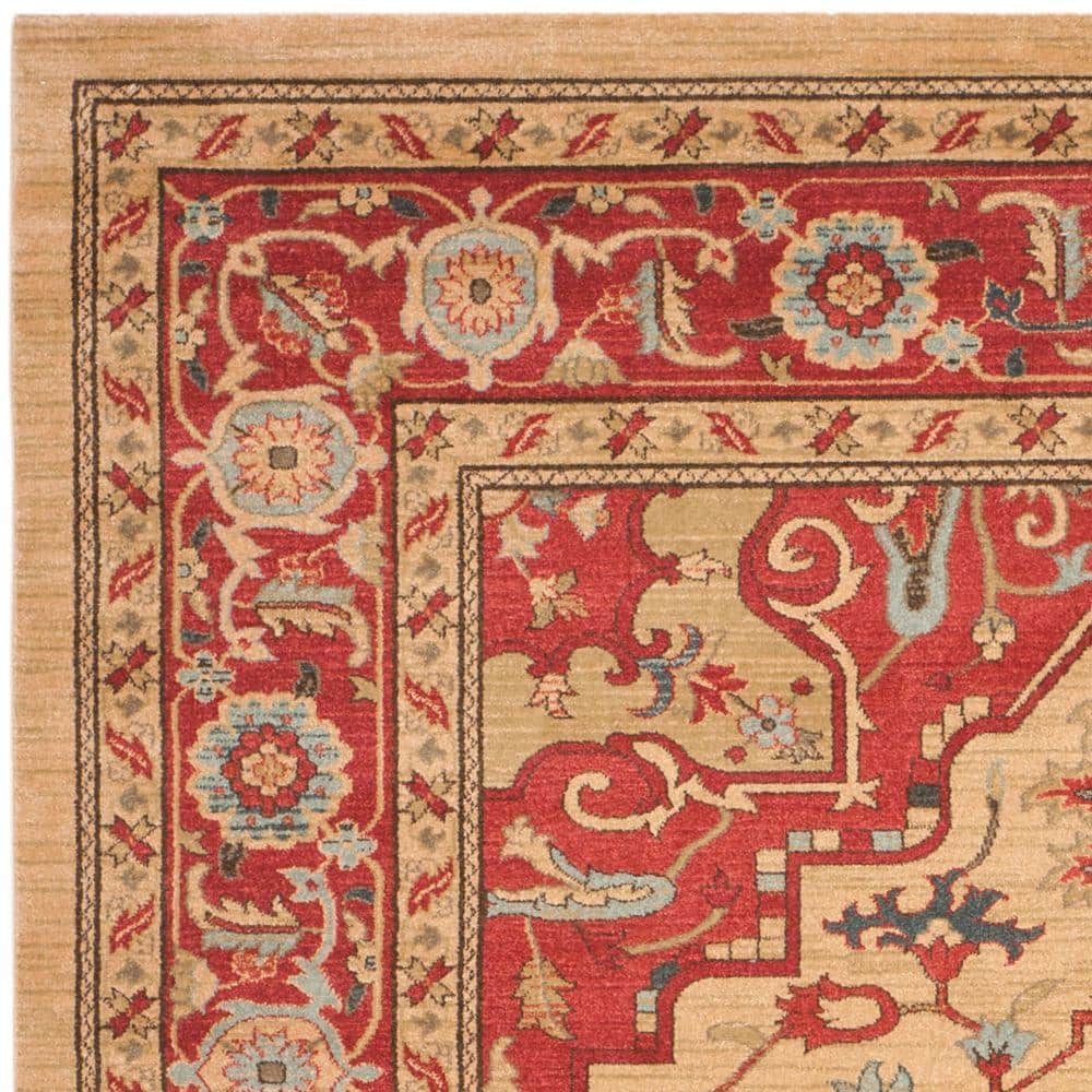 Elegant Red and Natural 10' x 14' Synthetic Rectangular Rug