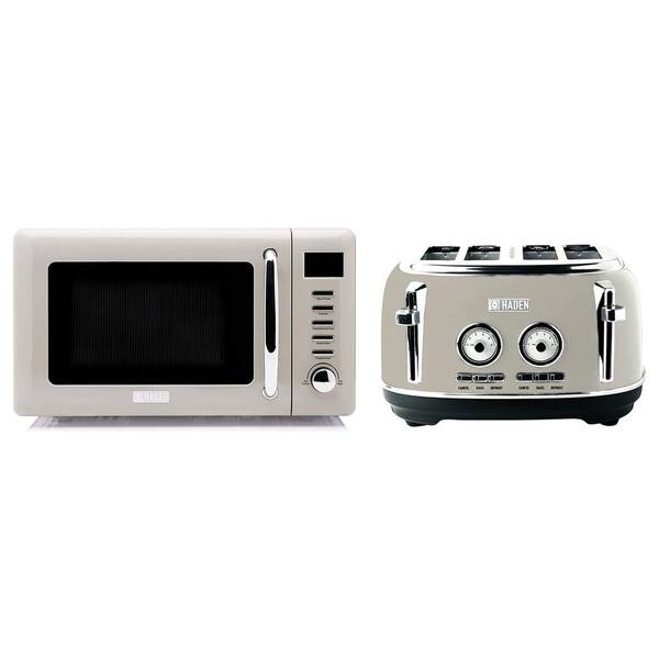 HADEN 17.5 in 0.7 cu. ft. Electric Microwave Oven in Putty Gray and 4-Slice Wide Slot Toaster