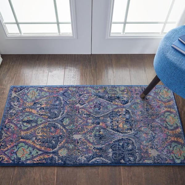 Global Vintage Navy doormat 2 ft. x 4 ft. Oriental Transitional Kitchen Area Rug