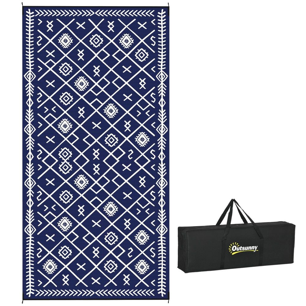 Blue and White Rhombus 9 ft. x 18 ft. Waterproof Plastic Straw Floor Mat La