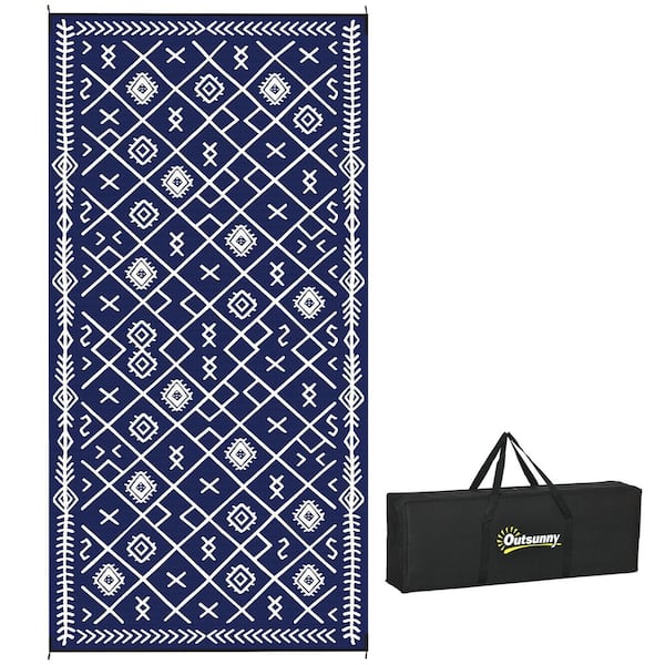 Blue and White Rhombus 9 ft. x 18 ft. Waterproof Plastic Straw Floor Mat Large Reversible Outdoor Rug Area Rug