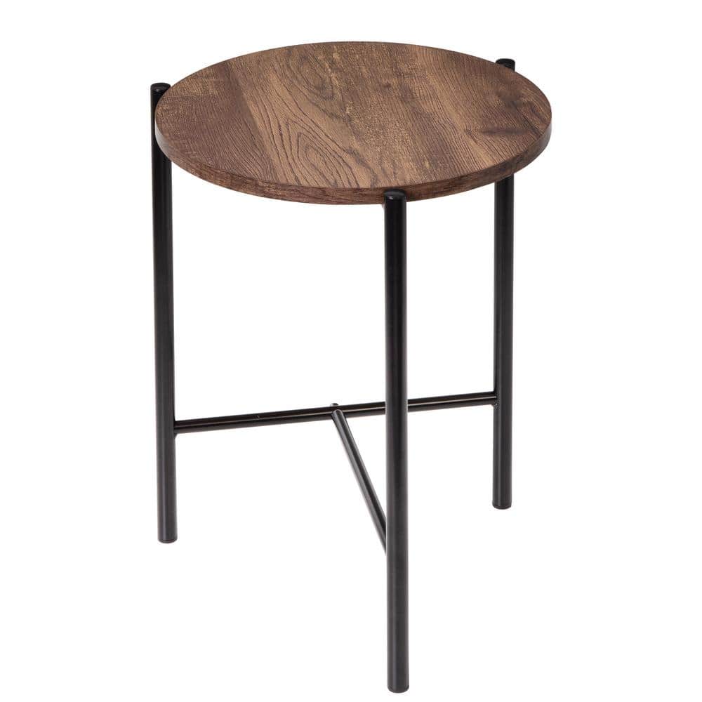Natural Wood and Black Metal Round Side Table