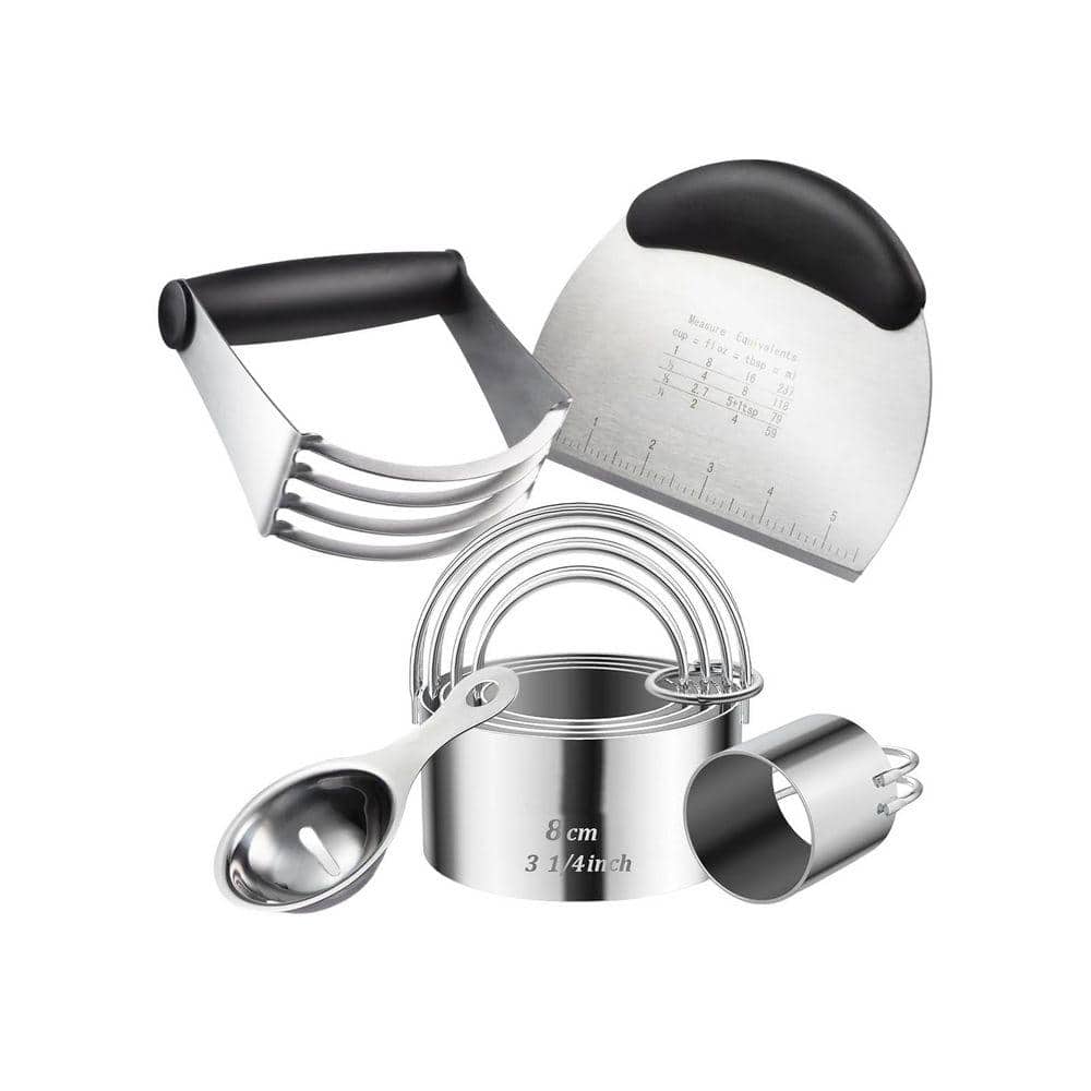 Baking Tools Set with 5 Sizes Round Cookie Cutters, Dough Blender