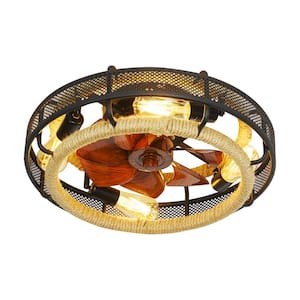19.6 in. Iron and Wood Grain Indoor Black Smart Flush Mount Ceiling Fan with Light Remote Control with 5 Brown Bulb