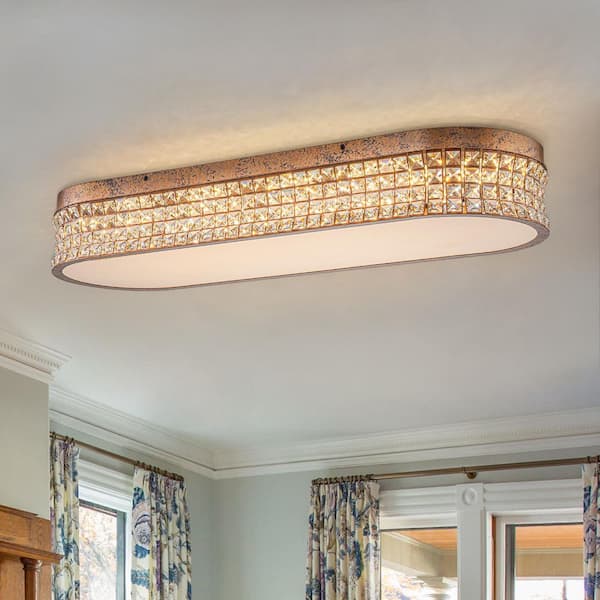 38.6 in. LED Antique Brass Crystal Flush Mount Light