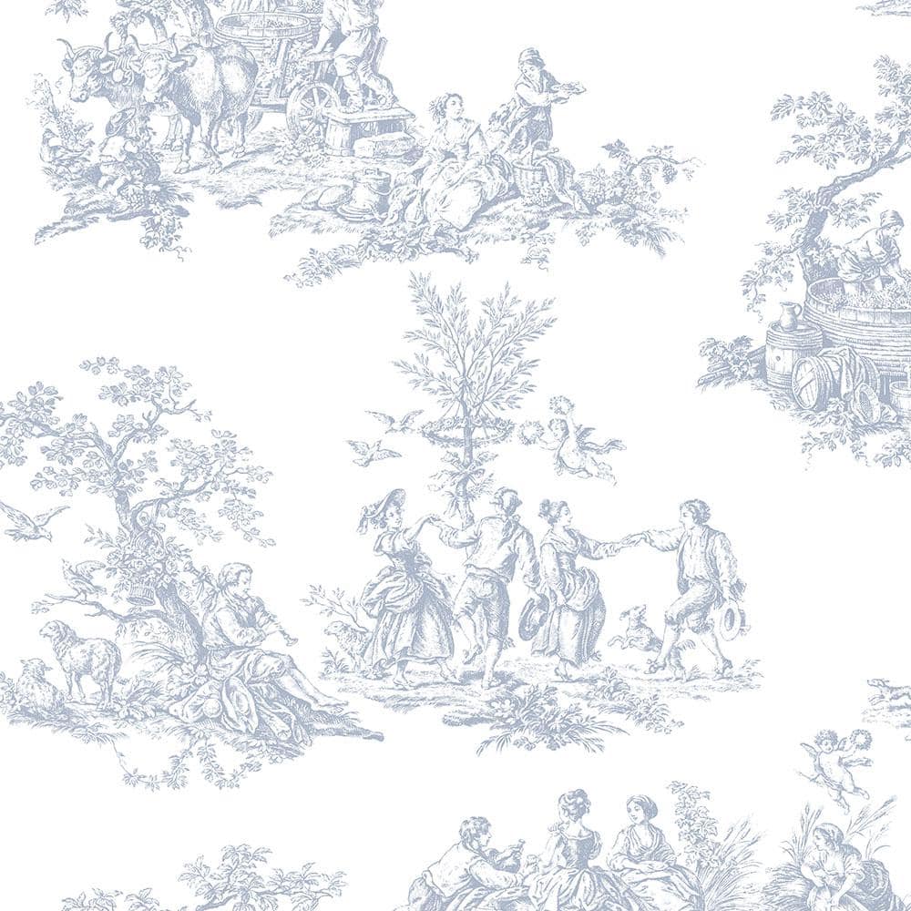 Victorian Light Blue and White Romantic Toile Vinyl Wallpaper