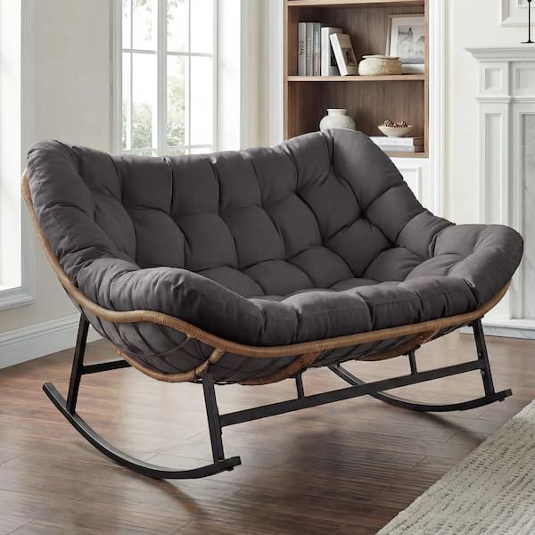 Double Wicker Outdoor Rocking Chair Loveseat, Oversized 2-Person Patio Seating with Gray Cushion, 700 lbs. Capacity