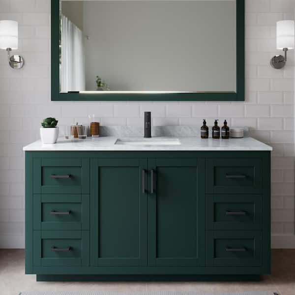 Wyndham Collection Miranda 60 in. W x 22 in. D x 33.75 in. H Single Sink Bath Vanity in Green with White Carrara Marble Top and Mirror