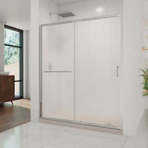 Infinity-Z 36 in. x 60 in. Semi-Frameless Sliding Shower Door Kit in Chrome with Right Drain Shower Pan Base in Biscuit