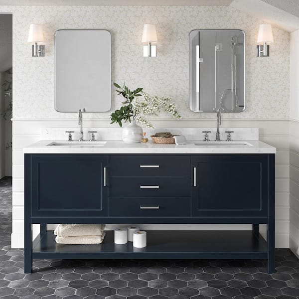 ARIEL Bayhill 72.25 in. W x 22 in. D x 36 in. H Double Sink Freestanding Bath Vanity in Midnight Blue with Man-Made Stone Top