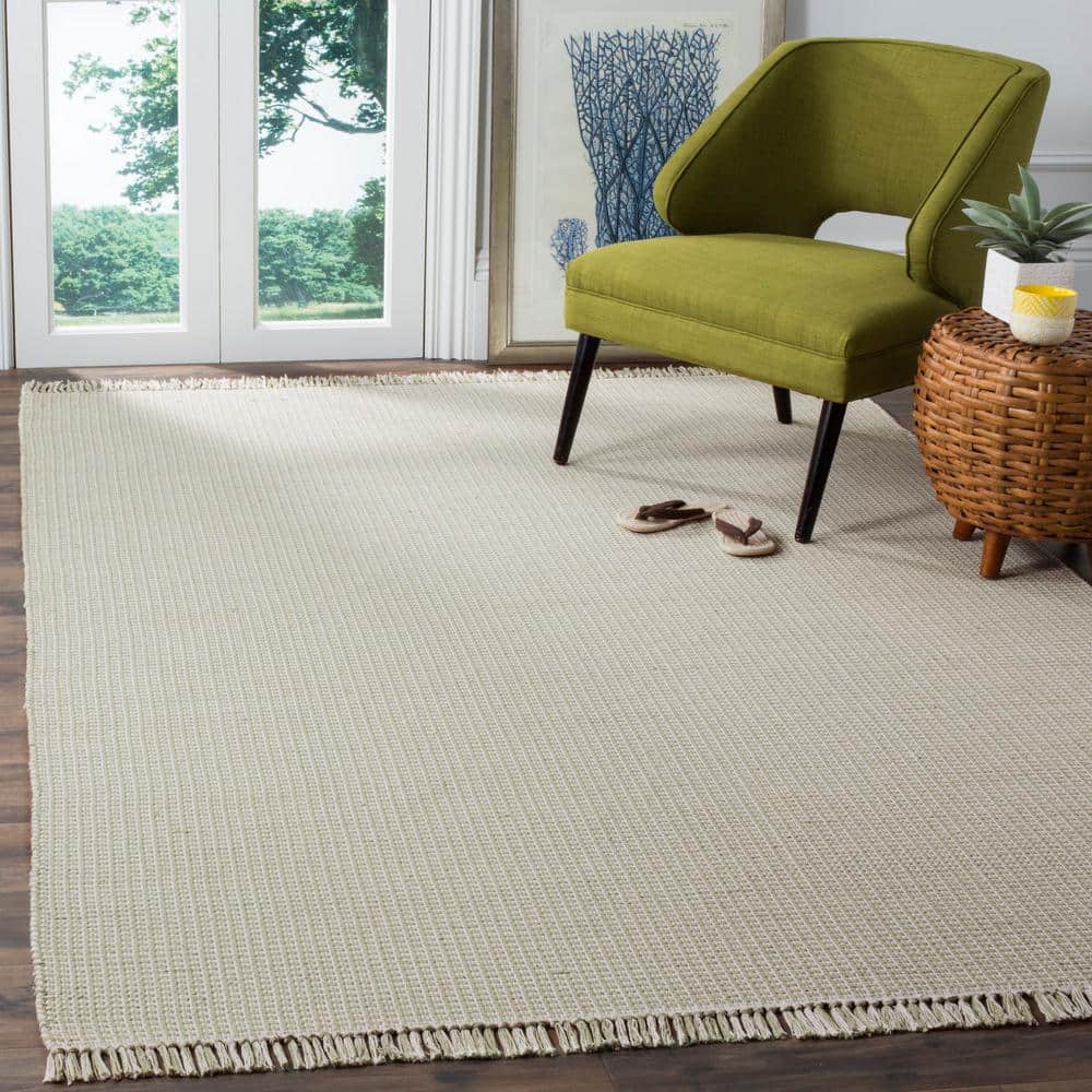 Ivory and Green Handwoven Cotton Flatweave 6' x 9' Rug