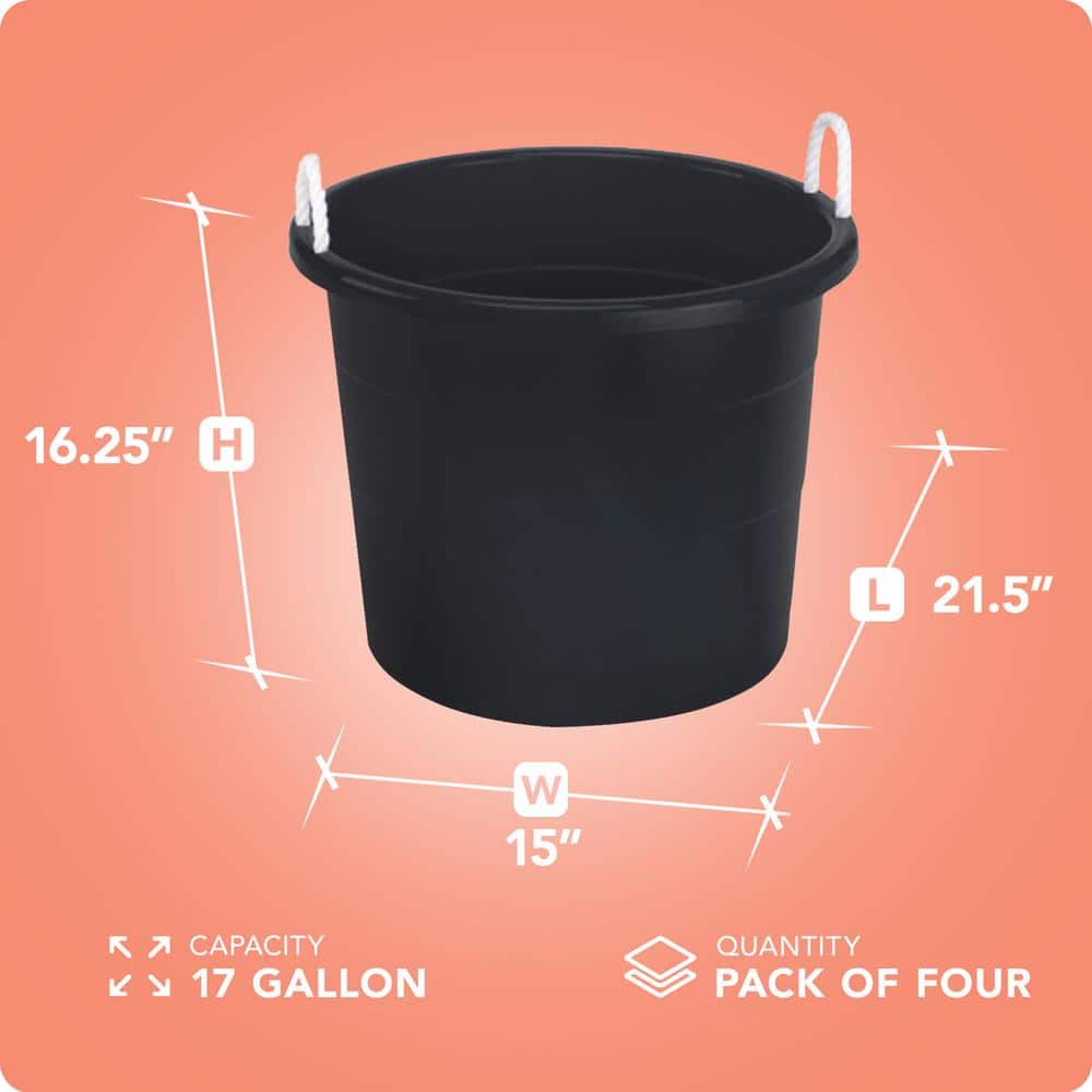 Set of 4 Black Large Plastic Utility Storage Buckets with Rope Handles