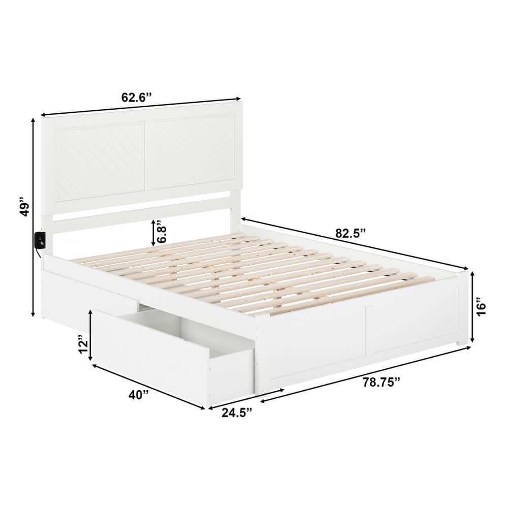 White Wood Queen Platform Bed with Storage Drawers and Chevron Headboard