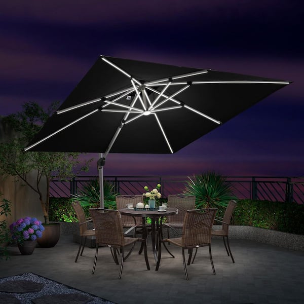 PURPLE LEAF 10 ft. Square Aluminum Solar Powered LED Patio Cantilever Offset Umbrella with Stand, Black