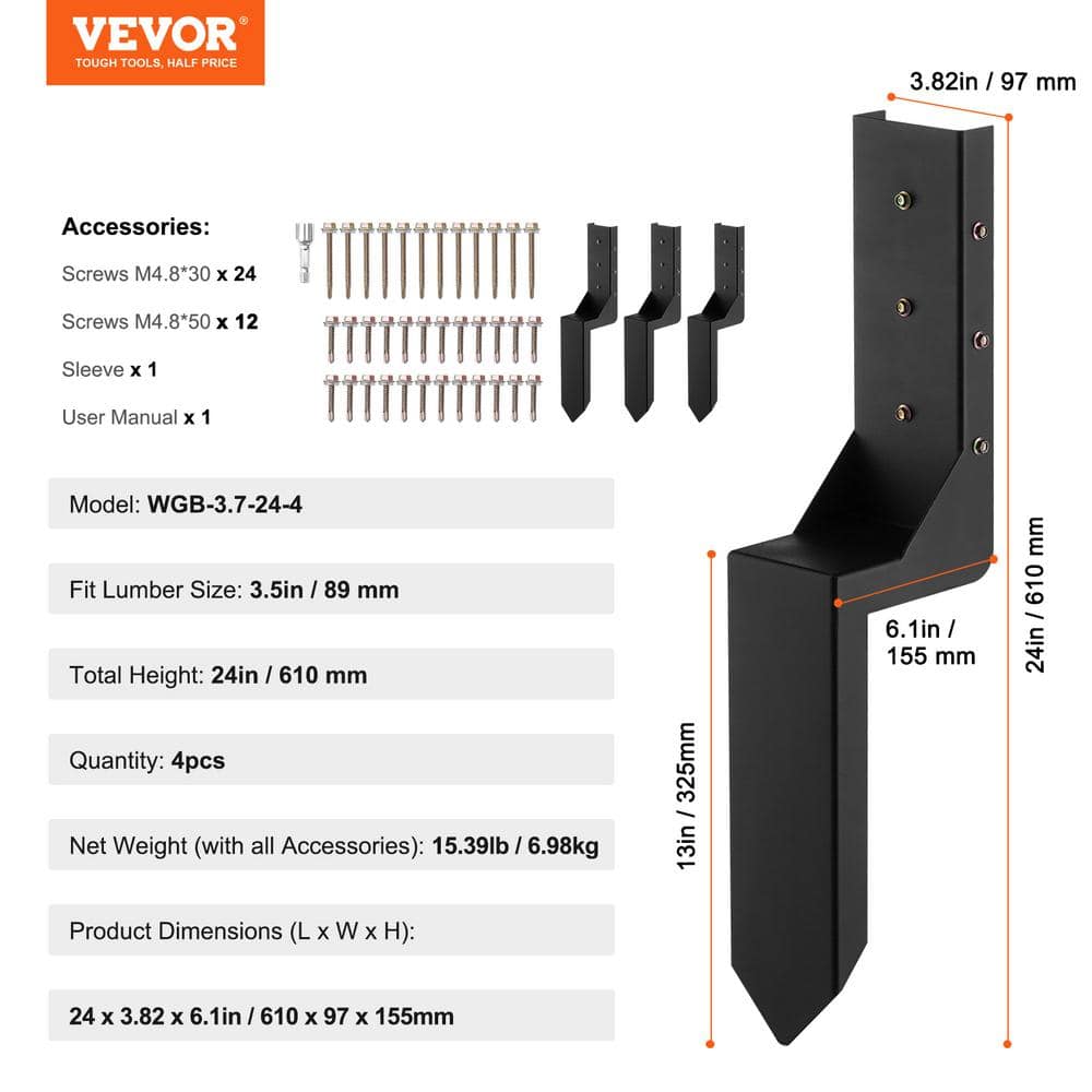 Heavy Duty Black Steel Fence Post Anchor Repair Kit, 4 Pack