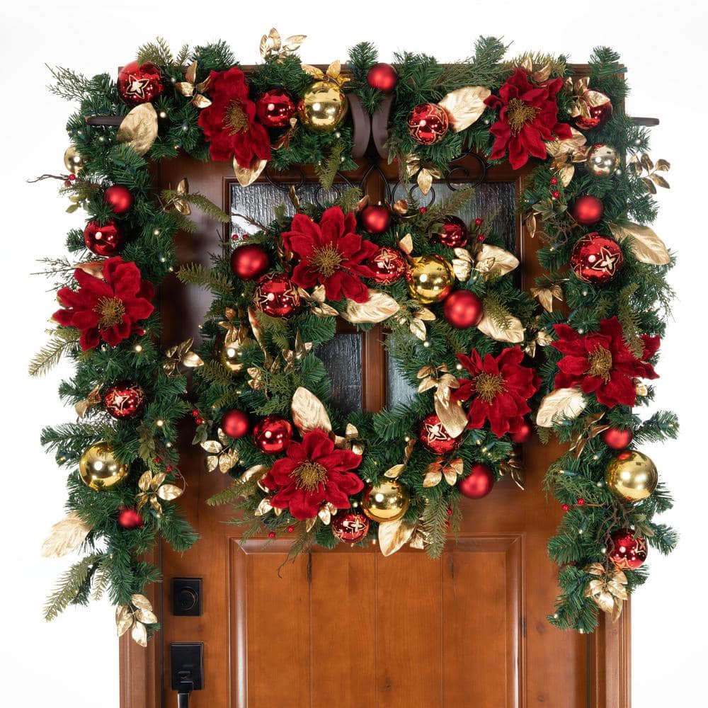 30 Inch Pre-Lit Golden Leaf and Red Magnolia Christmas Wreath