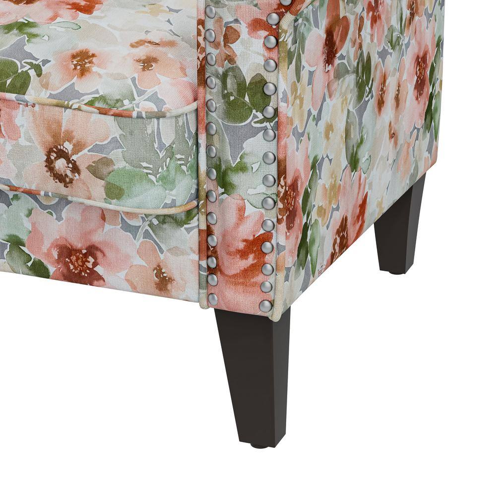 Orange and Green Floral Rolled Arm Accent Chair