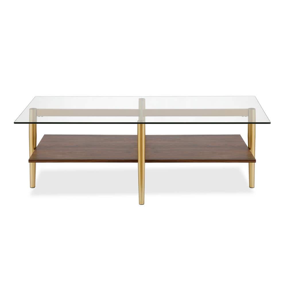 47'' Gold and Walnut Rectangular Glass Coffee Table