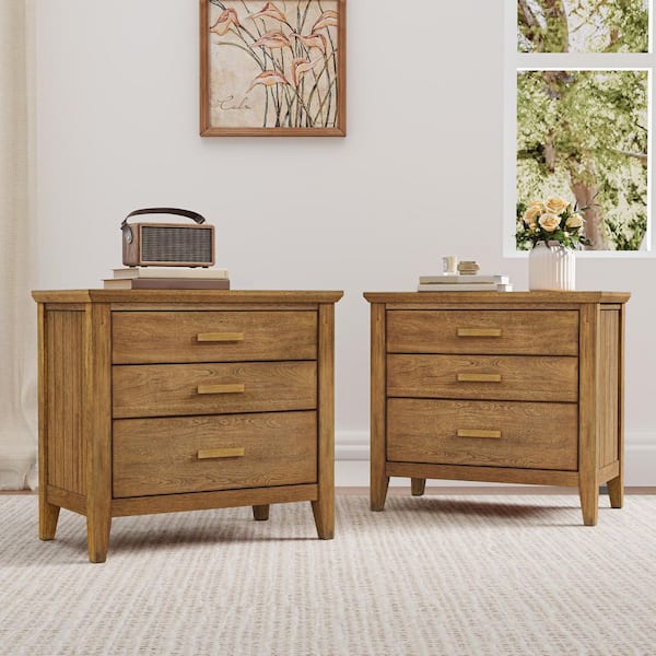 Light Brown Modern 3-Drawer 25.8 in. W Solid Wood Nightstand Bedside Table with Storage (Set of 2)