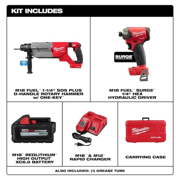 M18 FUEL ONE-KEY 18V Lith-Ion Brushless Cordless SDS-Plus Rotary Hammer Kit w/(2) 6.0 Ah Batteries & Impact Driver
