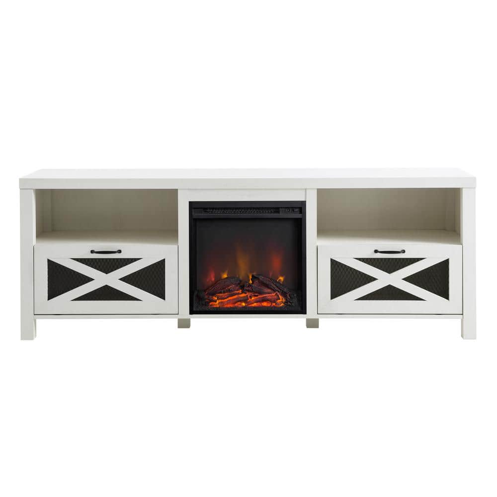 Brushed White 70" TV Stand with Electric Fireplace and Mesh Cabinets