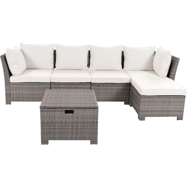 Cesicia All-Weather 6-Piece Wicker Patio Conversation Sectional Seating Set with 1 Storage Table Beige Cushions