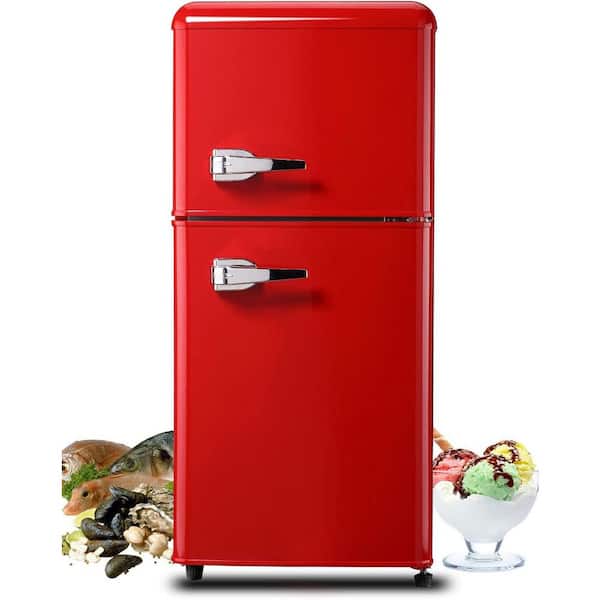 3.5 Cu.Ft.Mini Refrigerator Retro Fridges in Red with Freezer,2 Doors,7Adjustable Level Thermostat,Removable Glass Shelf