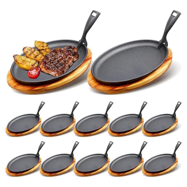 JFVKAF 2-Piece Cast Iron Fajita Plate Skillet Set with Wooden Base