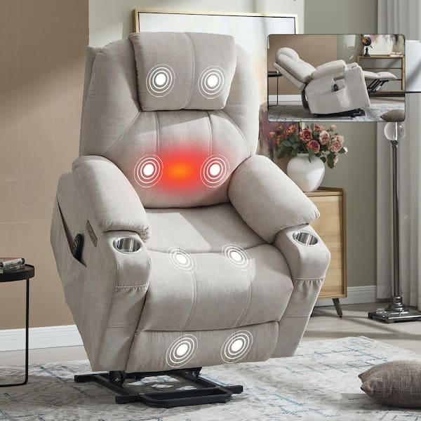 Isidore Beige Polyester Upholstered Power Lift Recliner Chair with Massage, Lumbar Heat, USB Ports, Cup Holders