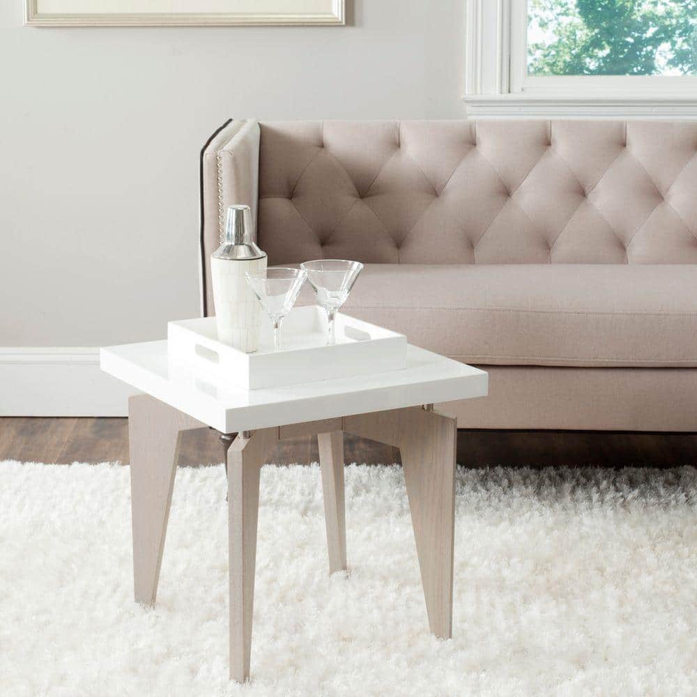 Petite White and Grey Lacquer End Table with Light Wood Legs
