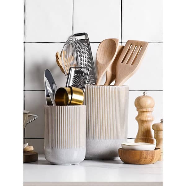 Gray Ceramic Kitchen Utensil Holder for Countertop, Large Cooking Utensil Crocks for Kitchen Counter Decor