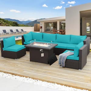 High Back Brown 7-Piece Wicker Patio Conversation Sectional Deep Seating Set with Fire Pit Table and Teal Cushions