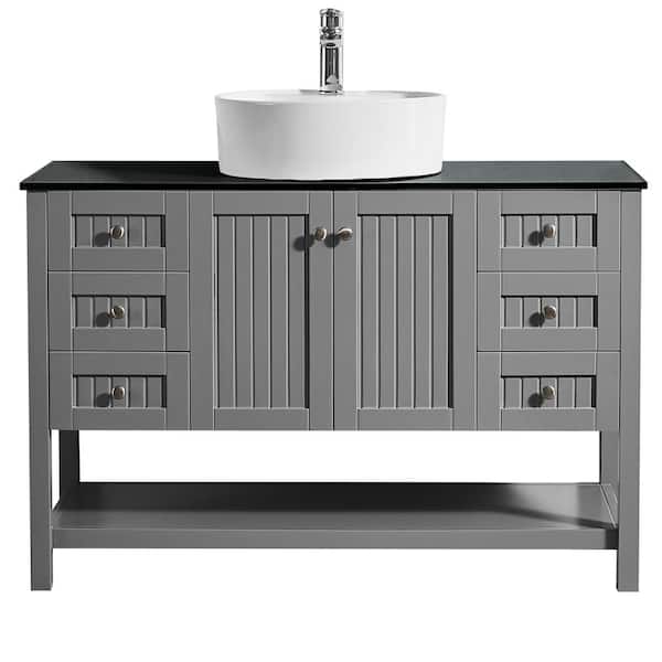 ROSWELL Modena 48 in. Bath Vanity in Grey with Tempered Glass Vanity Top in Black with White Vessel Sink