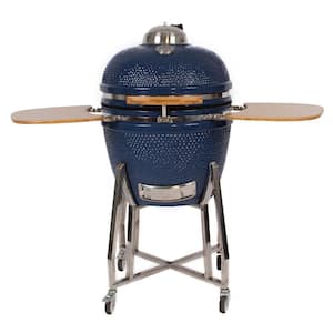 24 in. Kamado Ceramic Charcoal Grill in Blue with Free Cover, Electric Starter and Pizza Stone