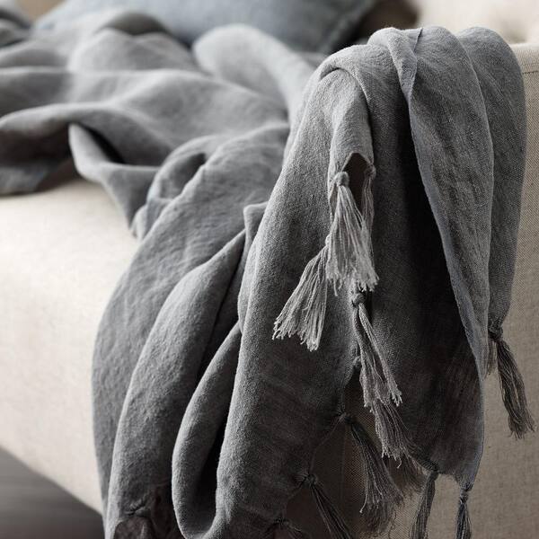 The Company Store Belgium Linen Fringed Gray Throw Blanket