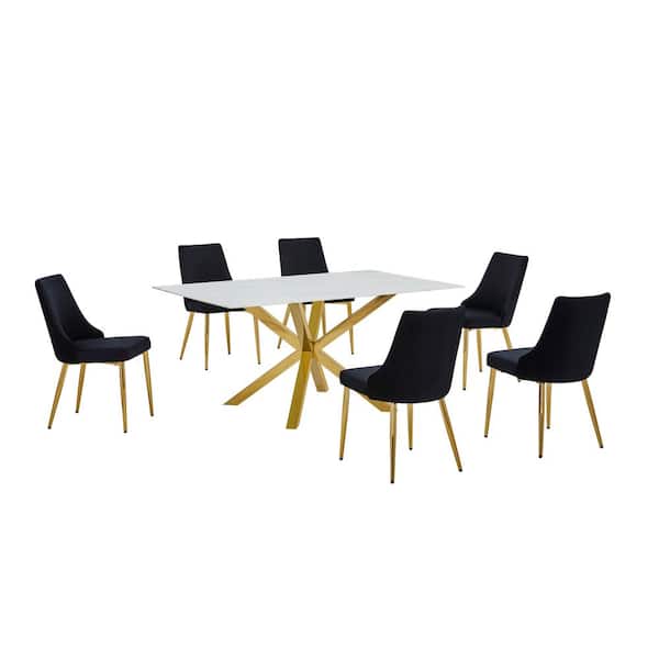 Best Quality Furniture Riley 7-Piece White Marble Wrap Glass Top Cross Leg Base Dining Set with 6 Black Gold Chrome Chairs
