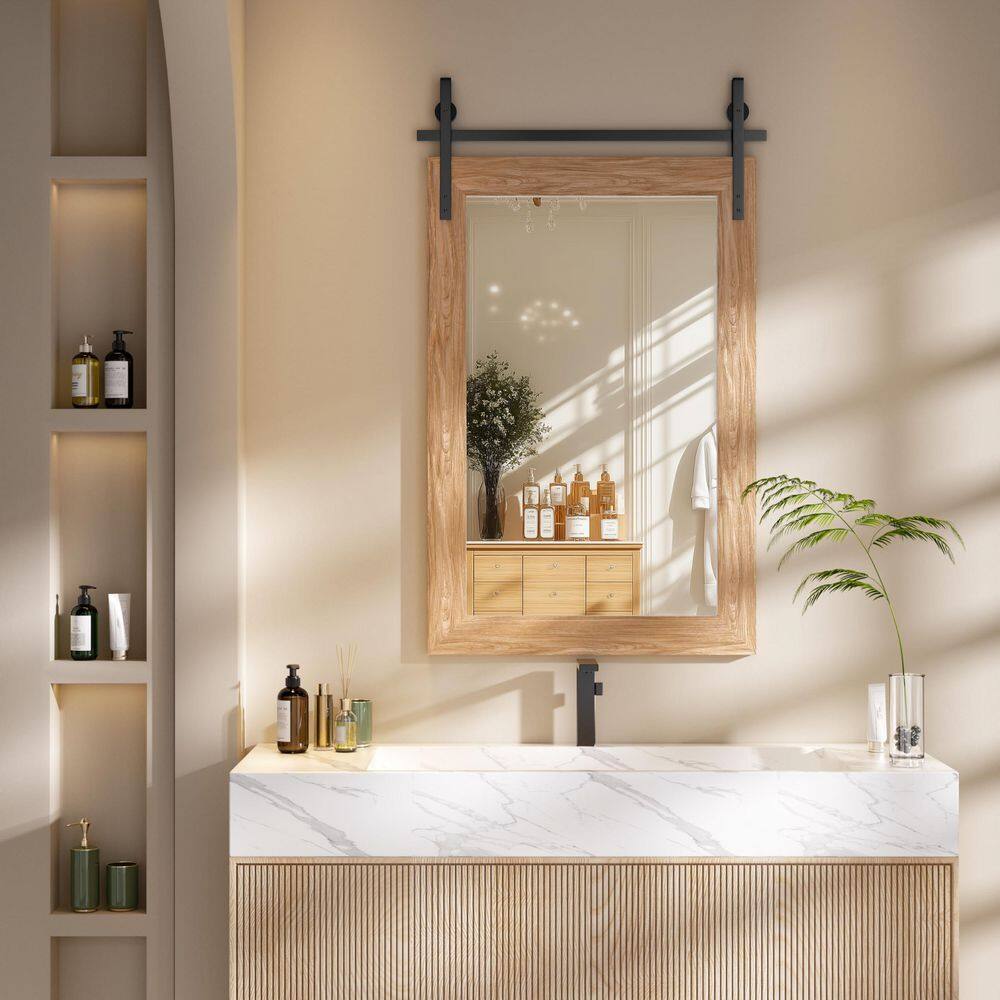 Brown 24 in. W x 36 in. H Rectangle Wood Framed Farmhouse Wall Mounted Mirror Vintage Vanity Decrative Bathroom Mirrors