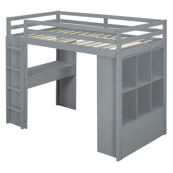 Full Size Loft Bed with Large Shelves, Writing Desk and LED Light, Gray