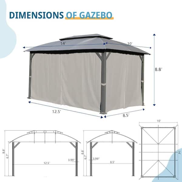 10 ft. x 14 ft. Dark Gray Steel Frame Outdoor Patio Double Canopy Gazebo with Gray Curtains and Mosquito Net