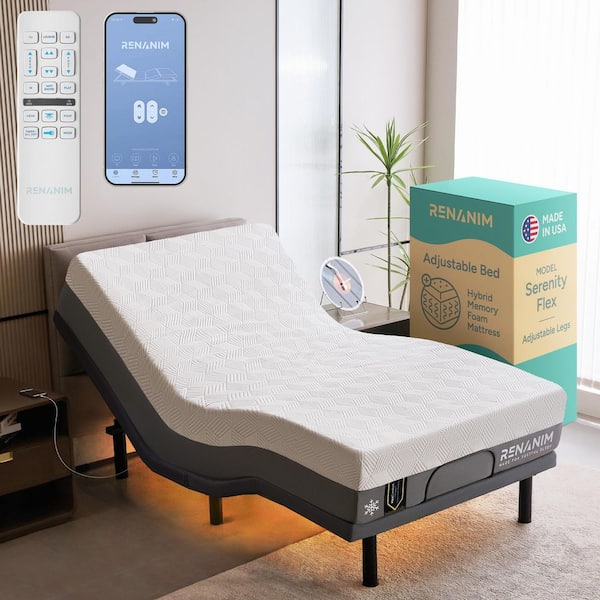 Gray Twin XL Adjustable Bed Frame USB, APP, Dual Massage, Head/Foot Incline, Under Bed Light with 12 in. Hybrid Mattress