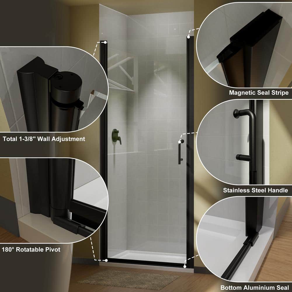 36" x 72" Frameless Black Pivot Shower Door with Clear Glass