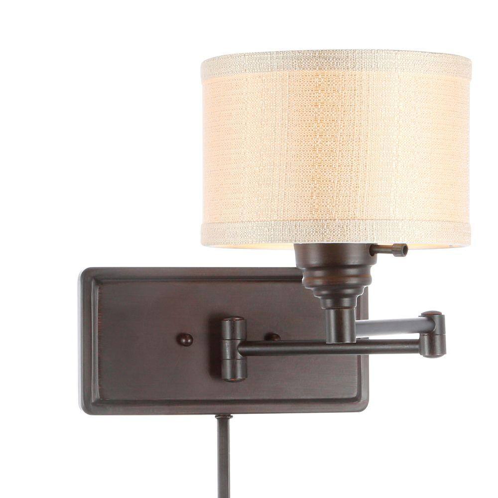 UPC 899089002087 product image for Hampton Bay Brookhaven 1-Light Bronze Swing Arm Sconce with Fabric Shade and 6 f | upcitemdb.com