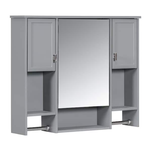 Classic 6.70 in. W x 35 in. D x 28.70 in. H Bathroom Storage Wall Cabinet in Grey with Towels Bar and Mirror