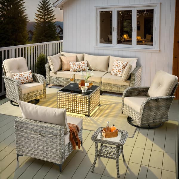 OVIOS Vinceny Gray 8-Piece Wicker Patio Conversation Set with Beige Cushions and Swivel Chairs