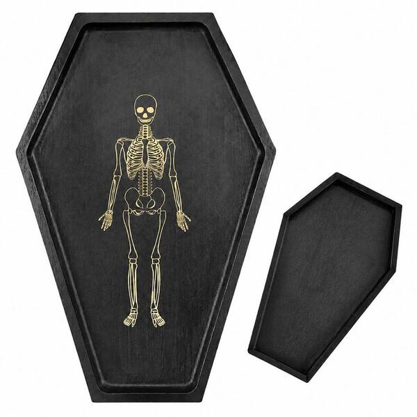 15.7 in Coffin Black Ceramic Serving Board with Skeleton Engraving for Halloween