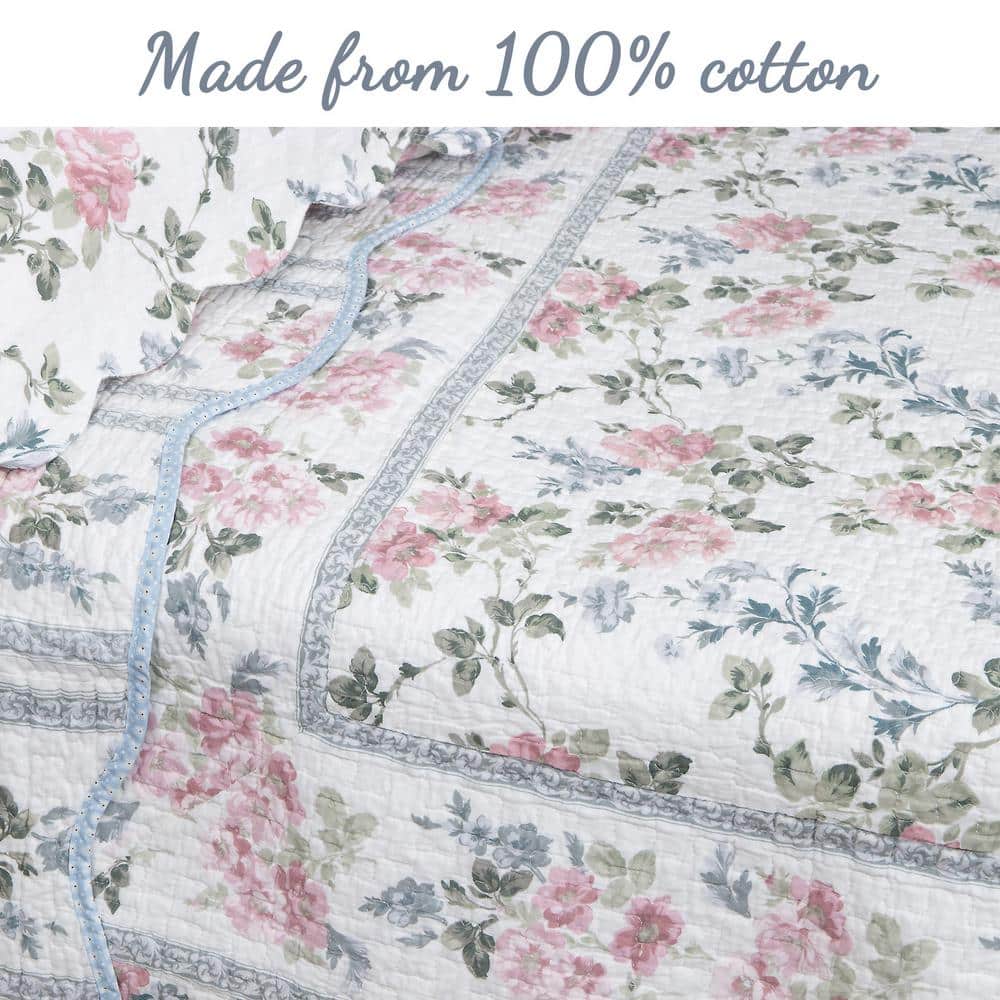 Blue Floral Cotton Reversible King Quilt Set