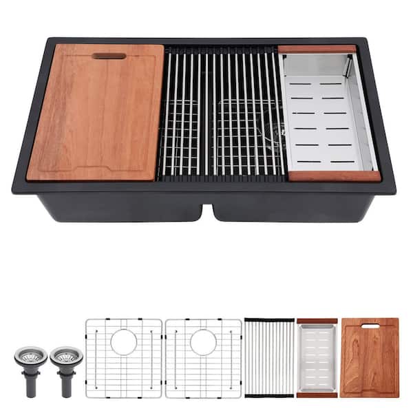 33 in. Matte Black Undermount Low Divide Double Bowl Quartz Composite Workstation Kitchen Sink with Accessories