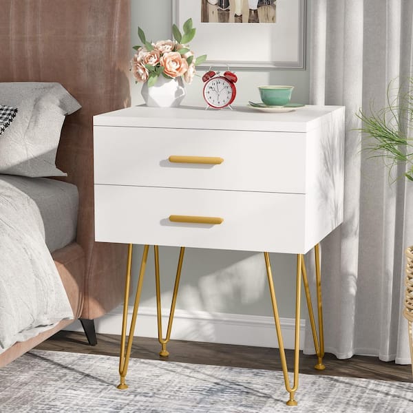 Tribesigns 2-Drawers White Gold (Set of 2) Bedside Table with Metal Legs  Wood Nightstand 15.75 in. D x 19.69 in. W x 26 in. H CT-XK00113 - The Home  Depot