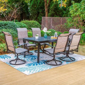 Black 7-Piece Metal Outdoor Patio Dining Set with Geometric Extendable Table and Padded Textilene Swivel Chairs