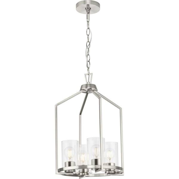 Progress Lighting Goodwin 4-Light Brushed Nickel Farmhouse Clear Glass Cylinder Medium Hanging Pendant Light